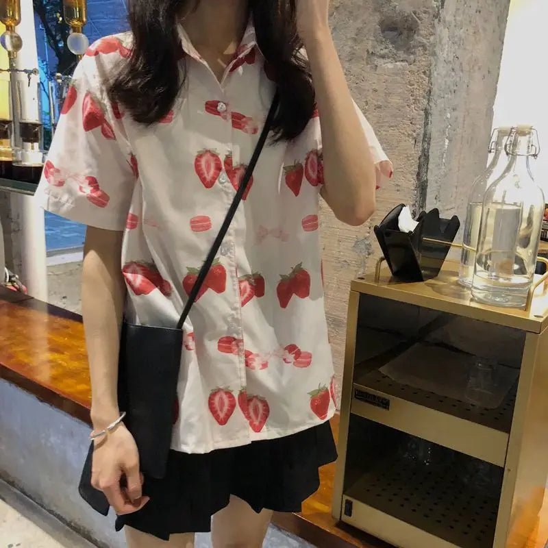 Strawberry Print Y2K Aesthetic Casual Top for Cute Outfits and Comfy Style