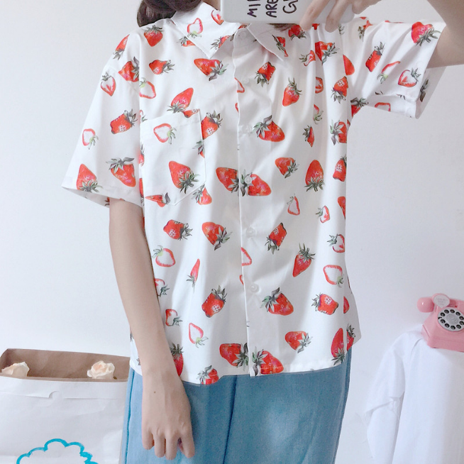 Strawberry Print Y2K Aesthetic Vintage Shirt for Cute and Comfy Outfits