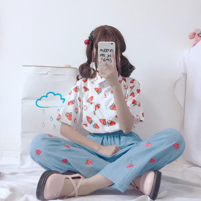 Strawberry Print Y2K Aesthetic Vintage Shirt for Cute and Comfy Outfits