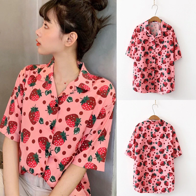 Strawberry Print Y2K Blouse - Cute Top for Coquette Aesthetic and Pastel Goth Styles