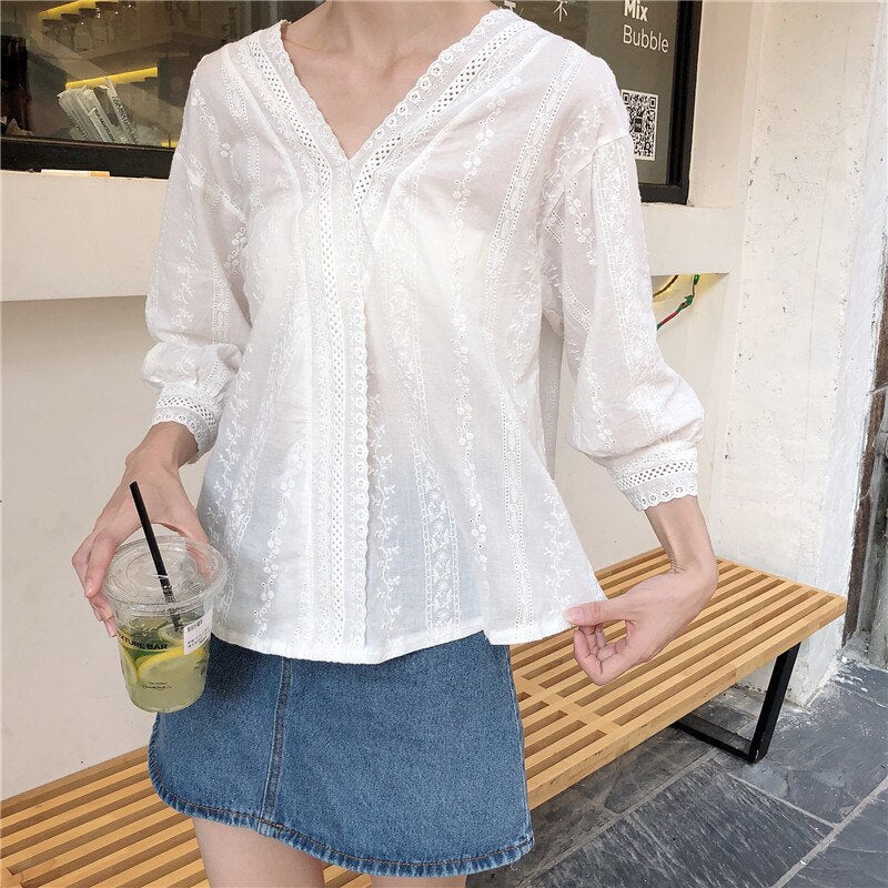 Summer Loose V-Neck Lace Top - Y2K Aesthetic Cute Top for Effortless Style