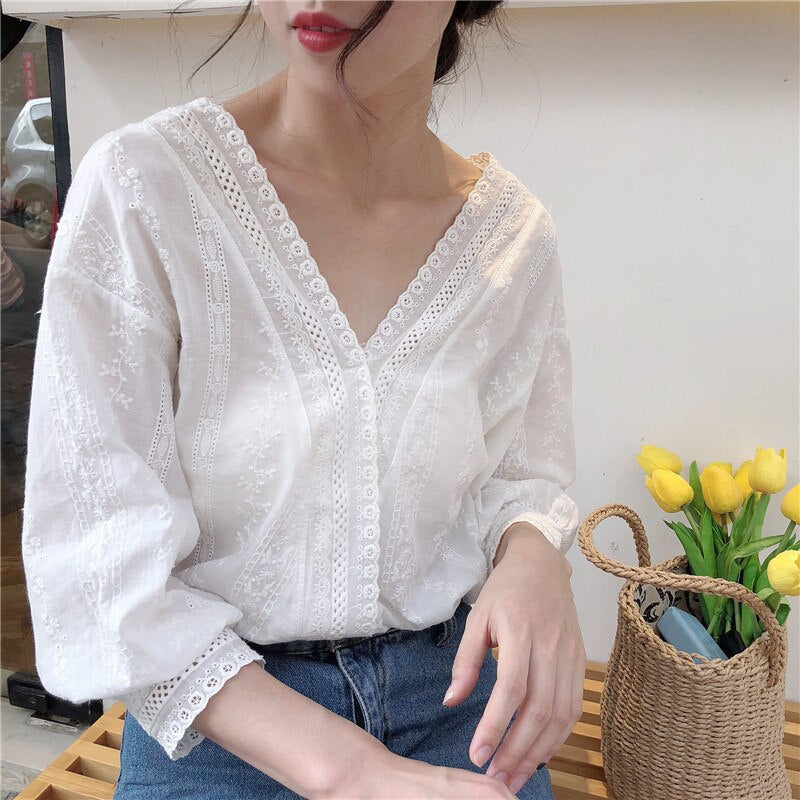 Summer Loose V-Neck Lace Top - Y2K Aesthetic Cute Top for Effortless Style