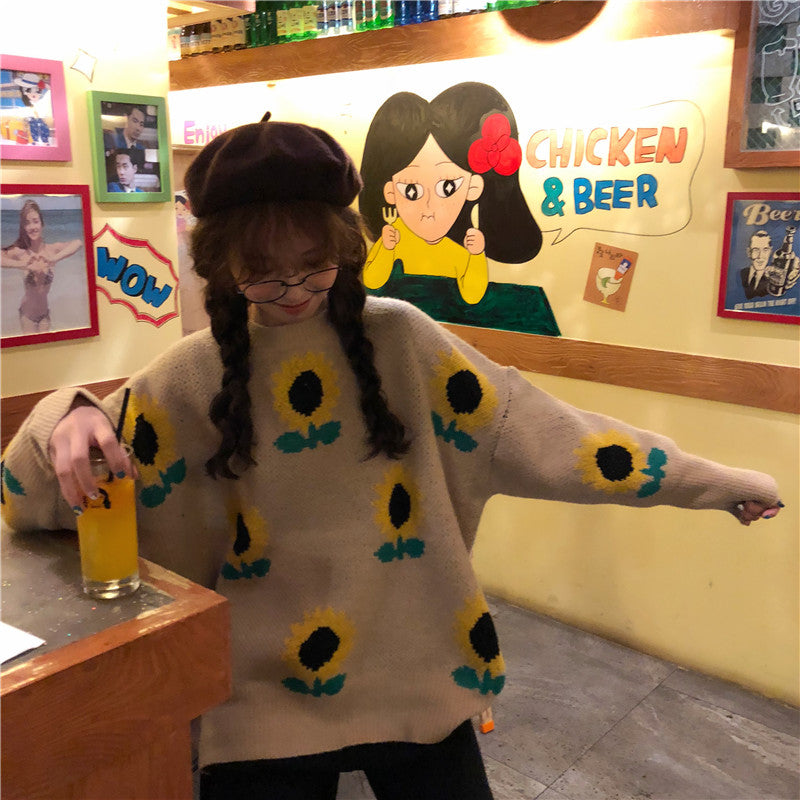 Sunflower Knit Sweater - Y2K Aesthetic Cozy Top for Cute Outfits and Fall Fashion