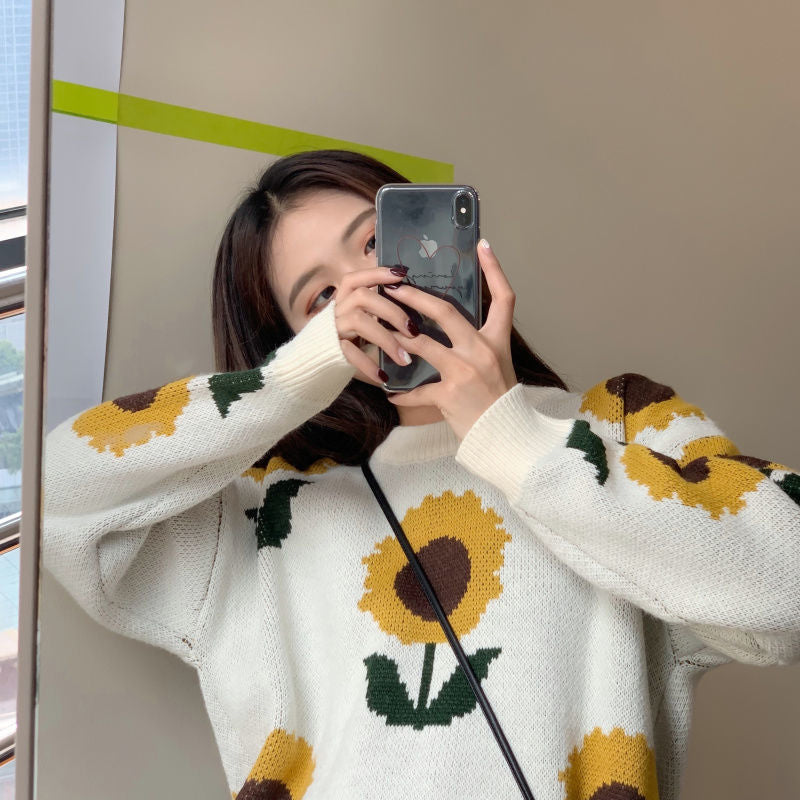 Sunflower Knit Sweater - Y2K Aesthetic Cozy Top for Cute Outfits and Fall Fashion