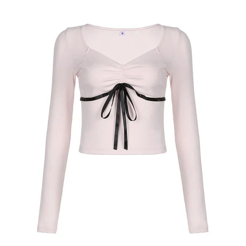 Sweet Contrast Ribbon Crop Top - Y2K Aesthetic Cute Top for Coquette and Grunge Styles