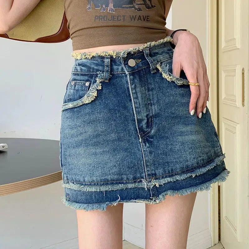 Tasseled Denim Mini Skort - Y2K Aesthetic Skirt for Cute Coquette and Grunge Outfits