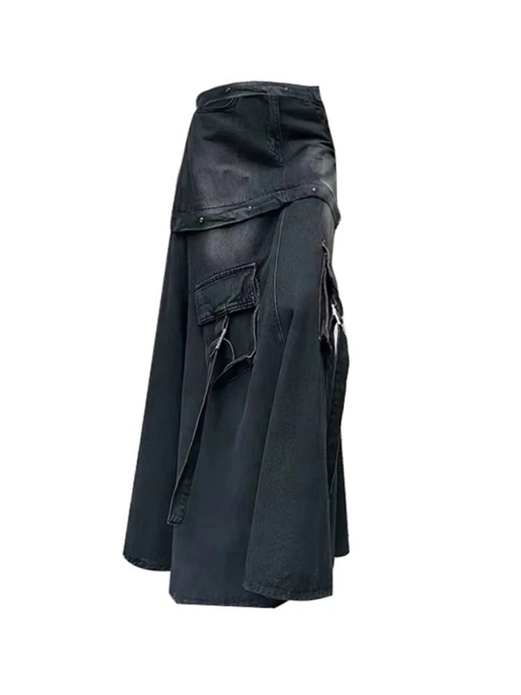 Trendy Black Denim A-Line Skirt for Y2K Fashion Lovers and Grunge Aesthetic Enthusiasts