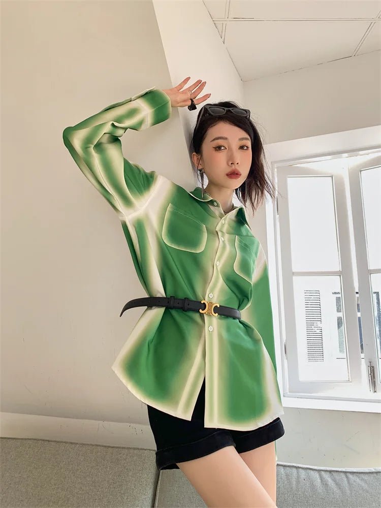 Trendy Green Ombre Button-Up Shirt for Y2K Aesthetic and Coquette Style Outfits