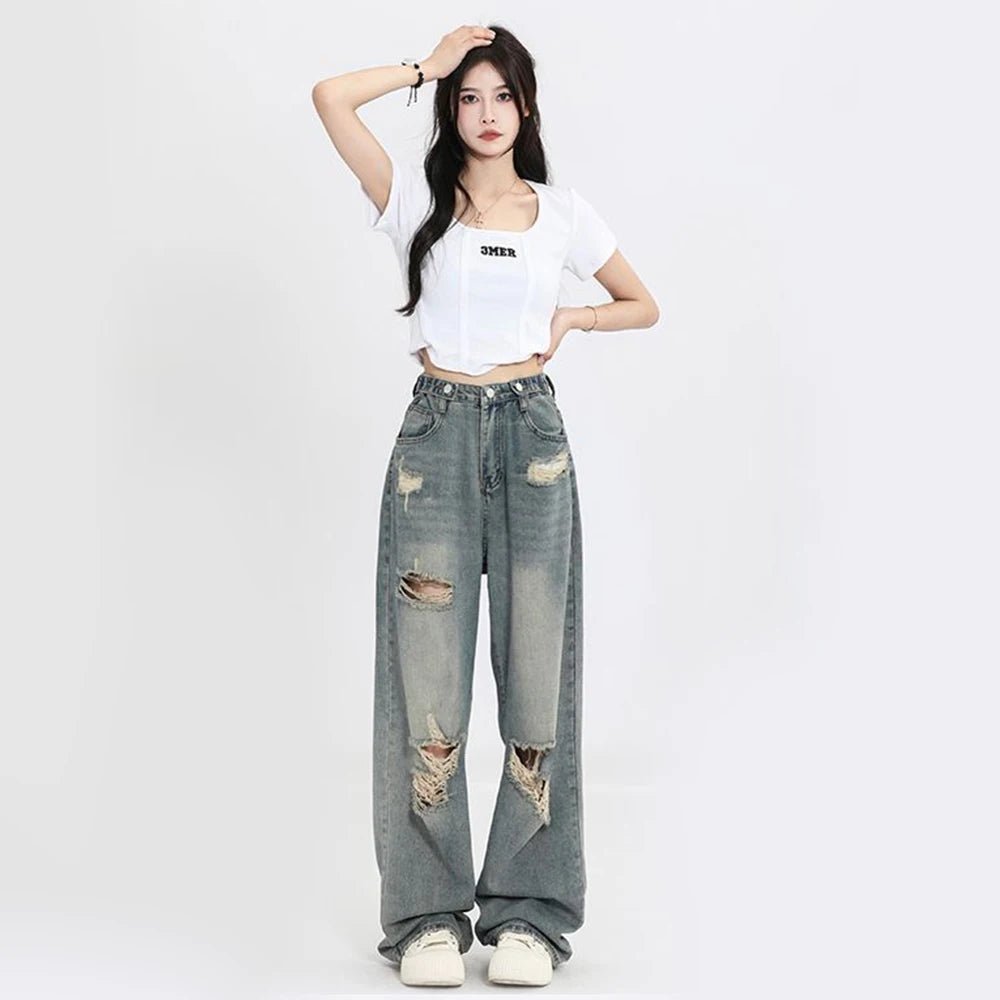 Trendy Hole-Punched High Waist Jeans for Y2K Aesthetic and Grunge Style Outfits