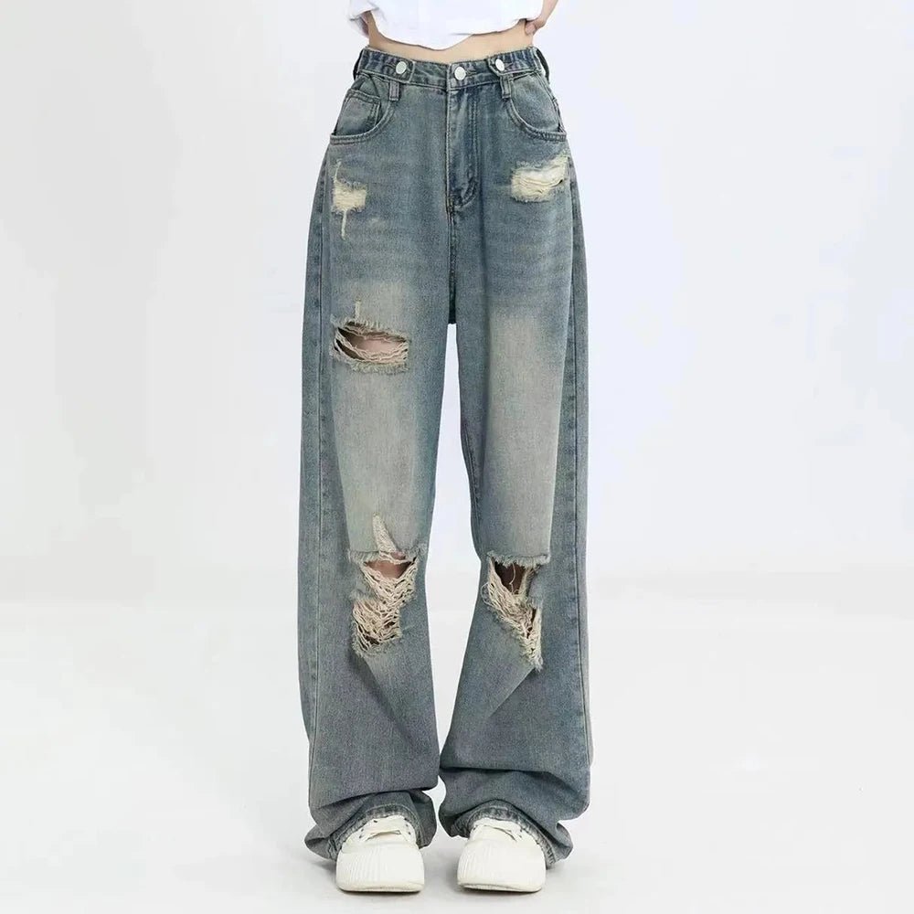 Trendy Hole-Punched High Waist Jeans for Y2K Aesthetic and Grunge Style Outfits