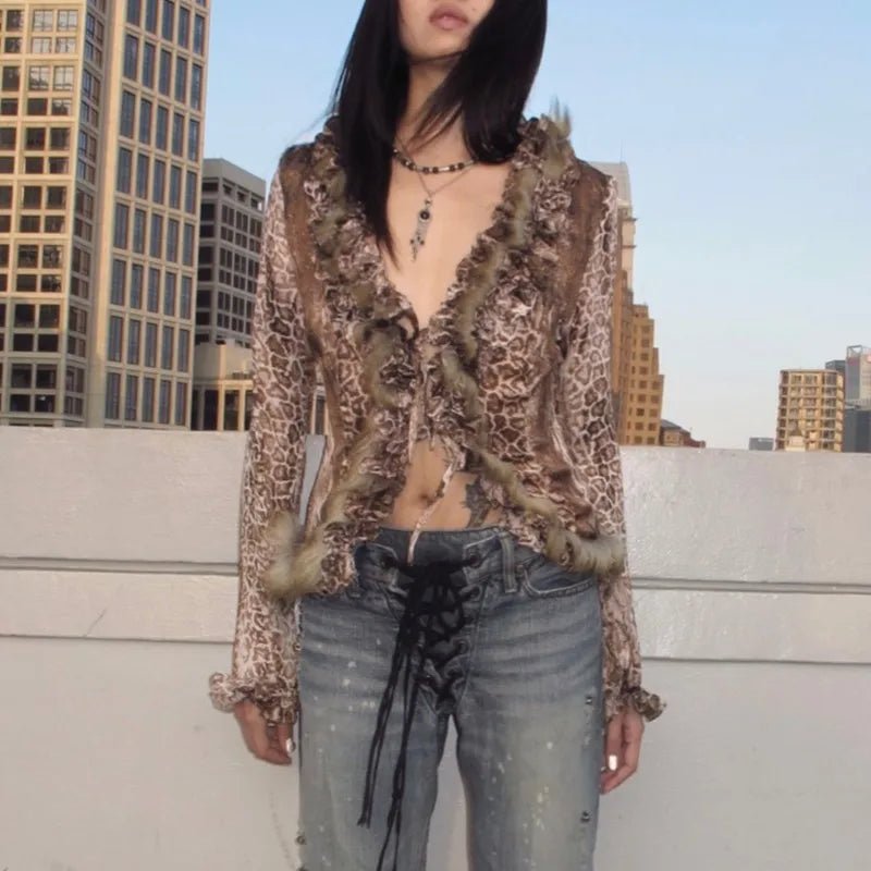 Trendy Leopard Print Fur Shirt for Y2K Fashion Lovers and Coquette Aesthetic Enthusiasts