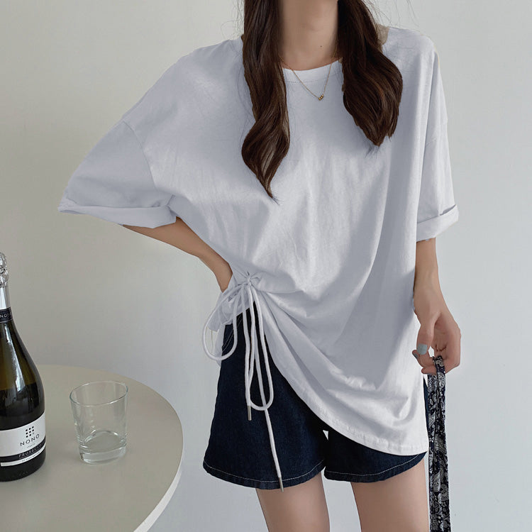 Trendy Loose Side Tie O-Neck Casual Shirt - Y2K Aesthetic Top for Effortless Style