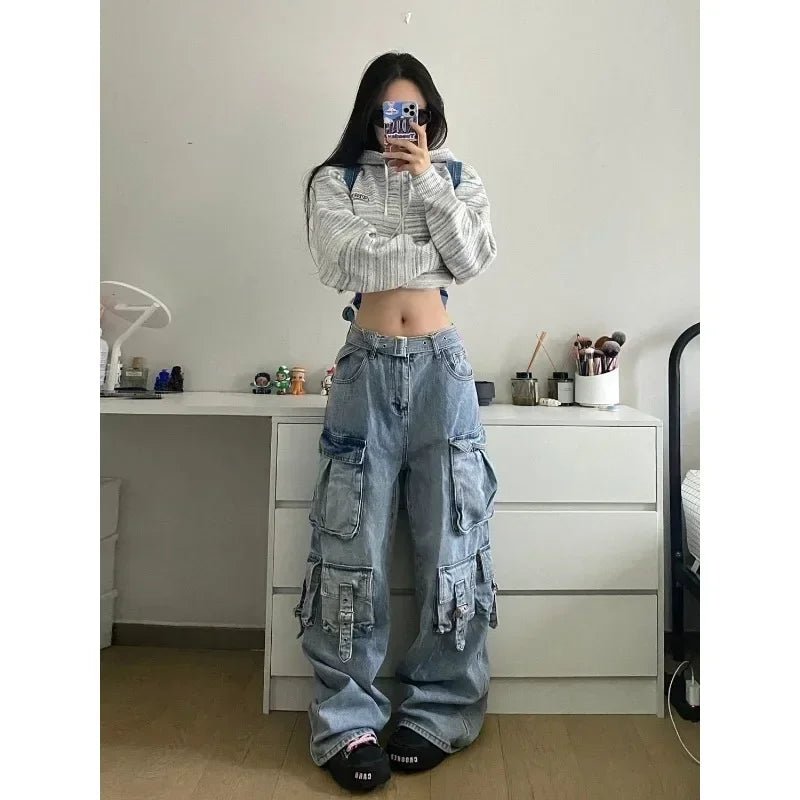 Trendy Oversized Cargo Denim Pants for Y2K Aesthetic and Grunge Style Outfits