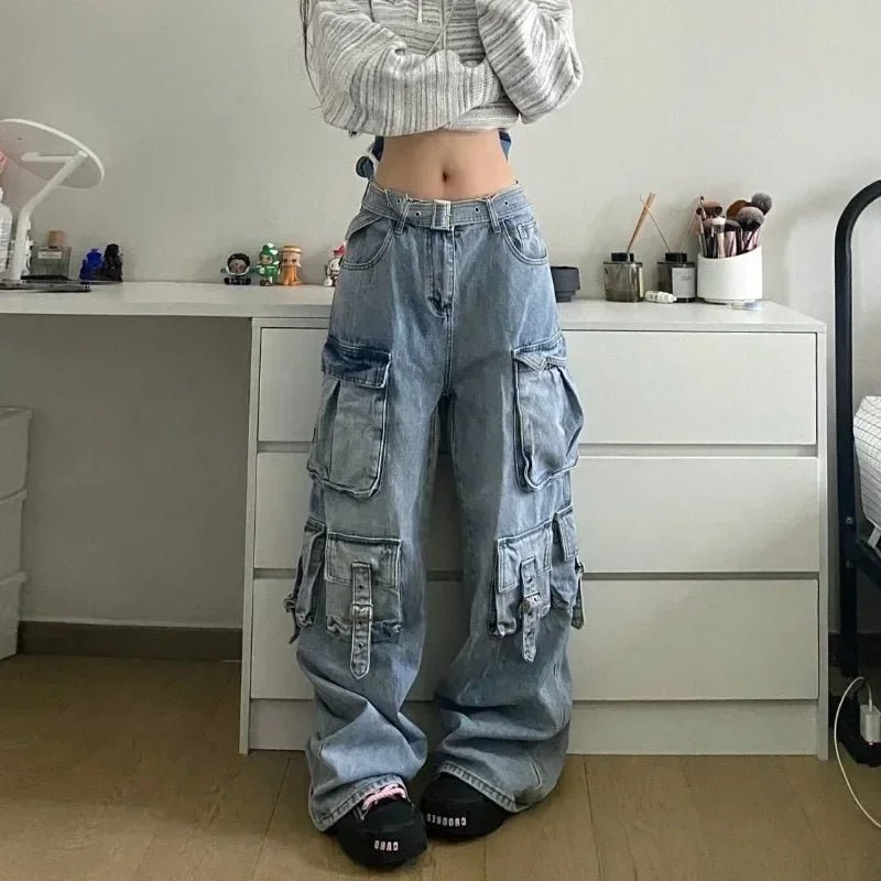 Trendy Oversized Cargo Denim Pants for Y2K Aesthetic and Grunge Style Outfits