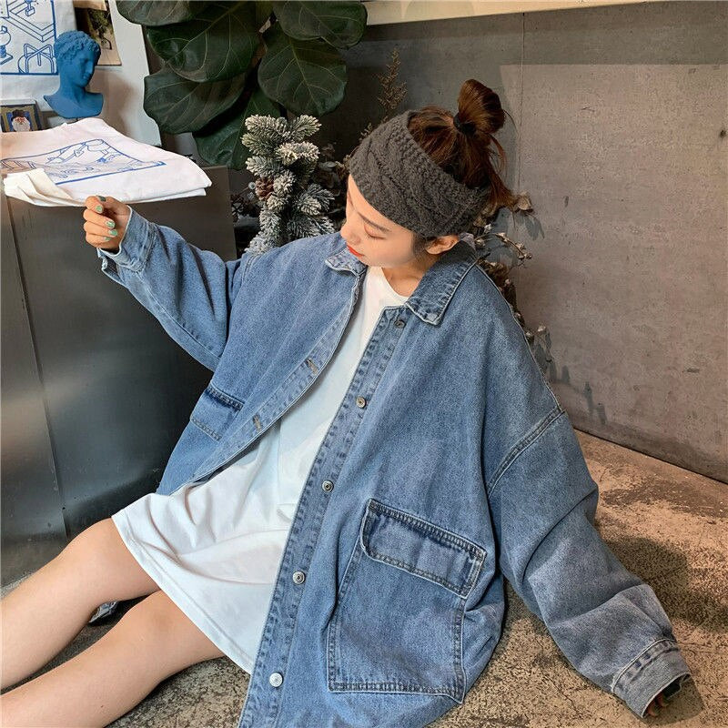 Trendy Oversized Denim Jacket with Loose Double Pockets for Y2K Aesthetic Style