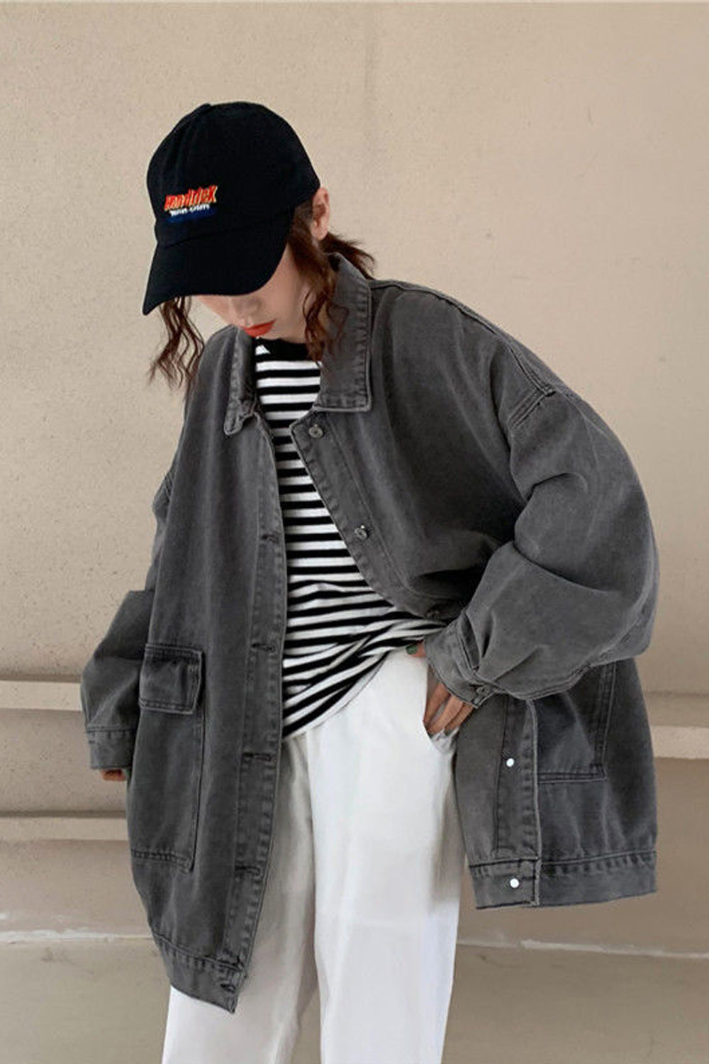 Trendy Oversized Denim Jacket with Loose Double Pockets for Y2K Aesthetic Style