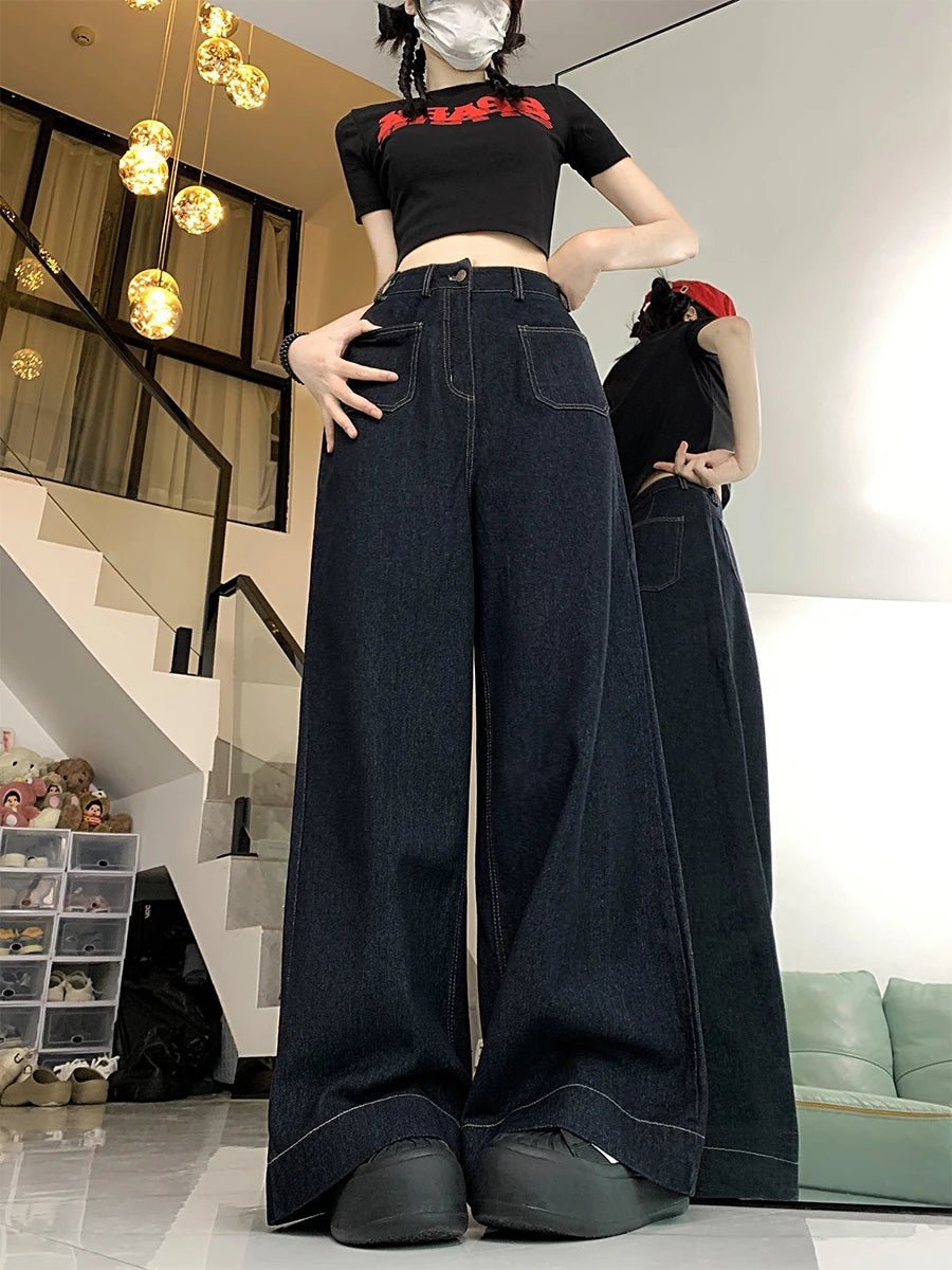 Trendy Oversized Denim Palazzo Pants for Y2K Aesthetic and Grunge Style Outfits