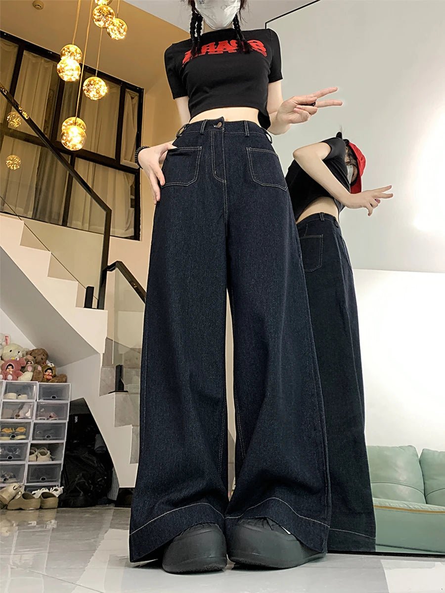 Trendy Oversized Denim Palazzo Pants for Y2K Aesthetic and Grunge Style Outfits