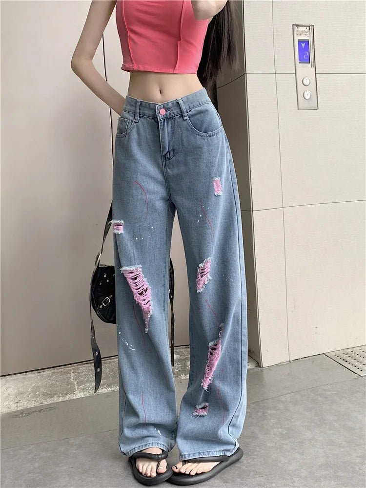 Trendy Perforated High Waisted Jeans for Y2K Aesthetic and Grunge Style Lovers