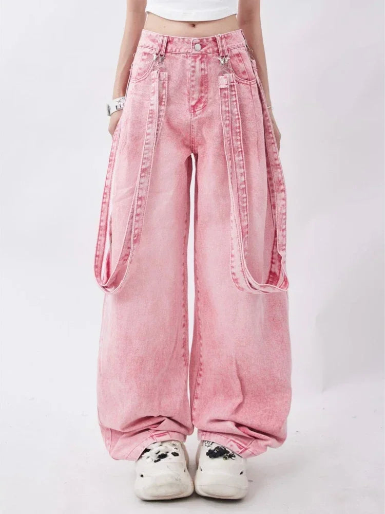 Trendy Pink Y2K Cargo Jeans for a Chic Coquette Aesthetic Look