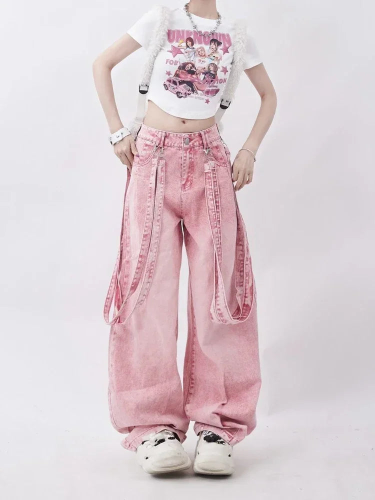 Trendy Pink Y2K Cargo Jeans for a Chic Coquette Aesthetic Look