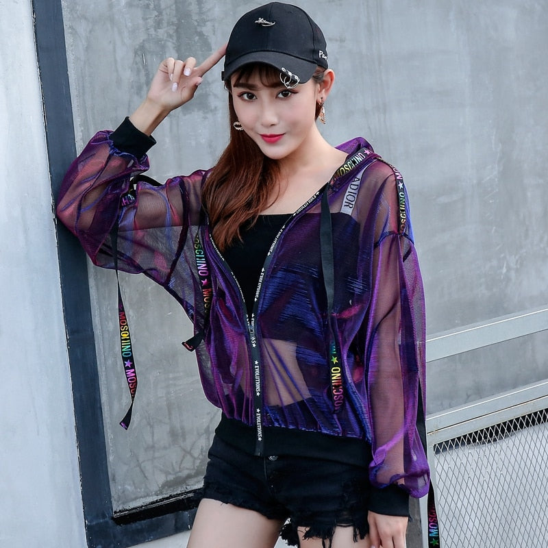 Trendy Transparent Harajuku Jacket for Y2K Aesthetic and Grunge Style Outfits