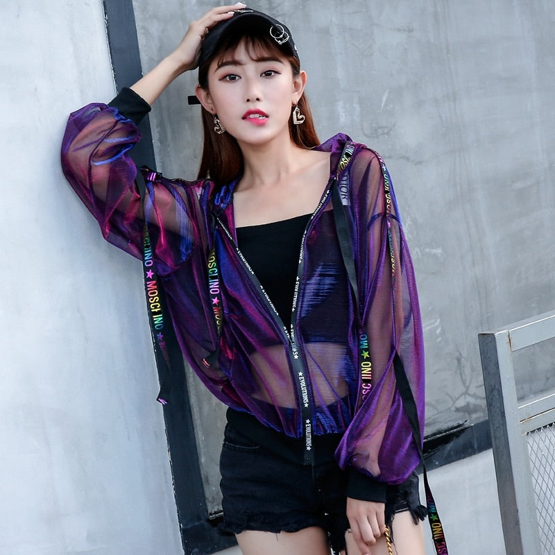 Trendy Transparent Harajuku Jacket for Y2K Aesthetic and Grunge Style Outfits