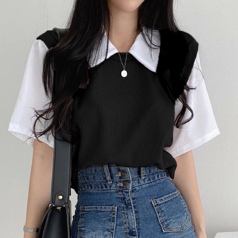 Trendy Y2K Aesthetic Two-Piece Loose Polo Collar Shirt for Effortless Style