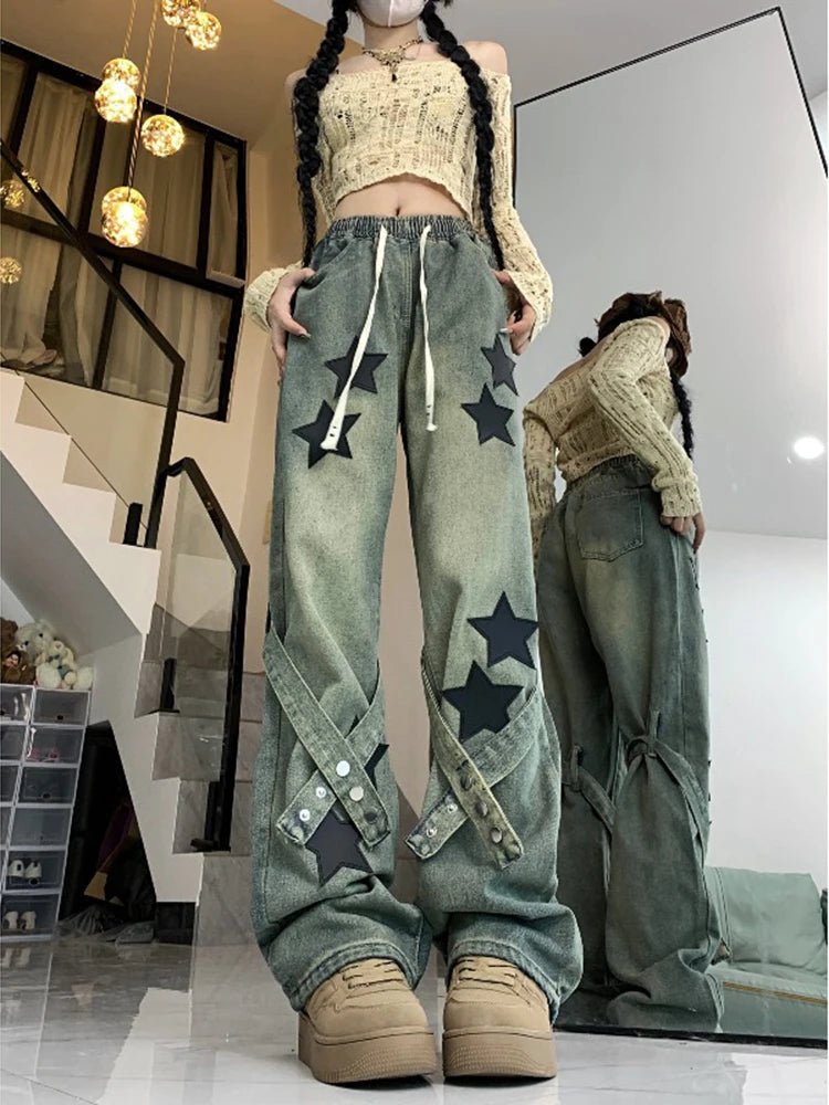 Trendy Y2K Baggy Blue Star Jeans for a Chic Grunge Aesthetic Look