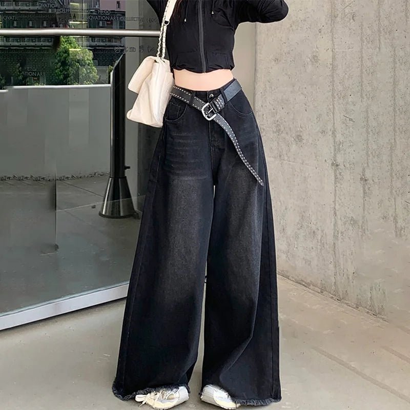 Trendy Y2K Baggy Fried Wide-Leg Jeans for a Chic Grunge Aesthetic Look