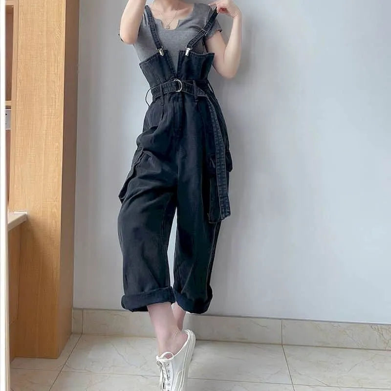 Trendy Y2K Black Denim Wide Overalls for Grunge Aesthetic and Casual Chic Outfits