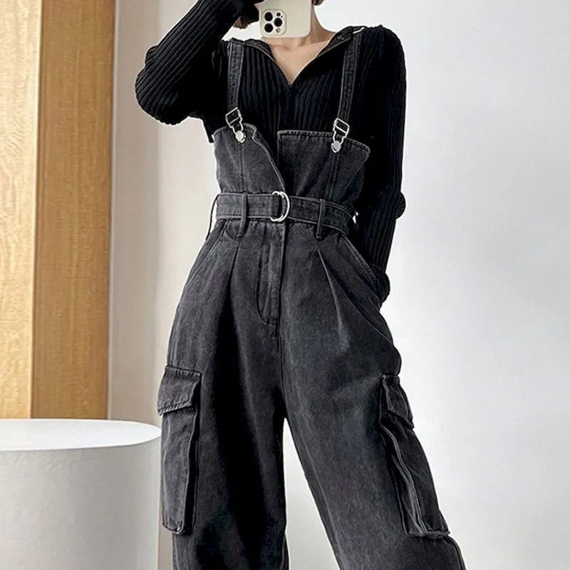 Trendy Y2K Black Denim Wide Overalls for Grunge Aesthetic and Casual Chic Outfits