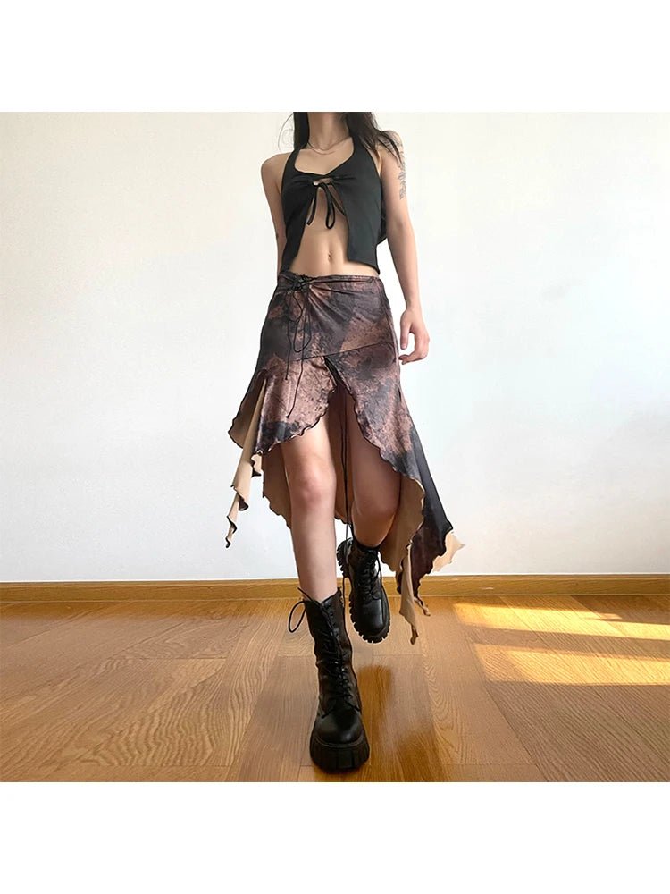 Trendy Y2K Brown Irregular Cargo Skirt for Grunge and Coquette Aesthetic Outfits