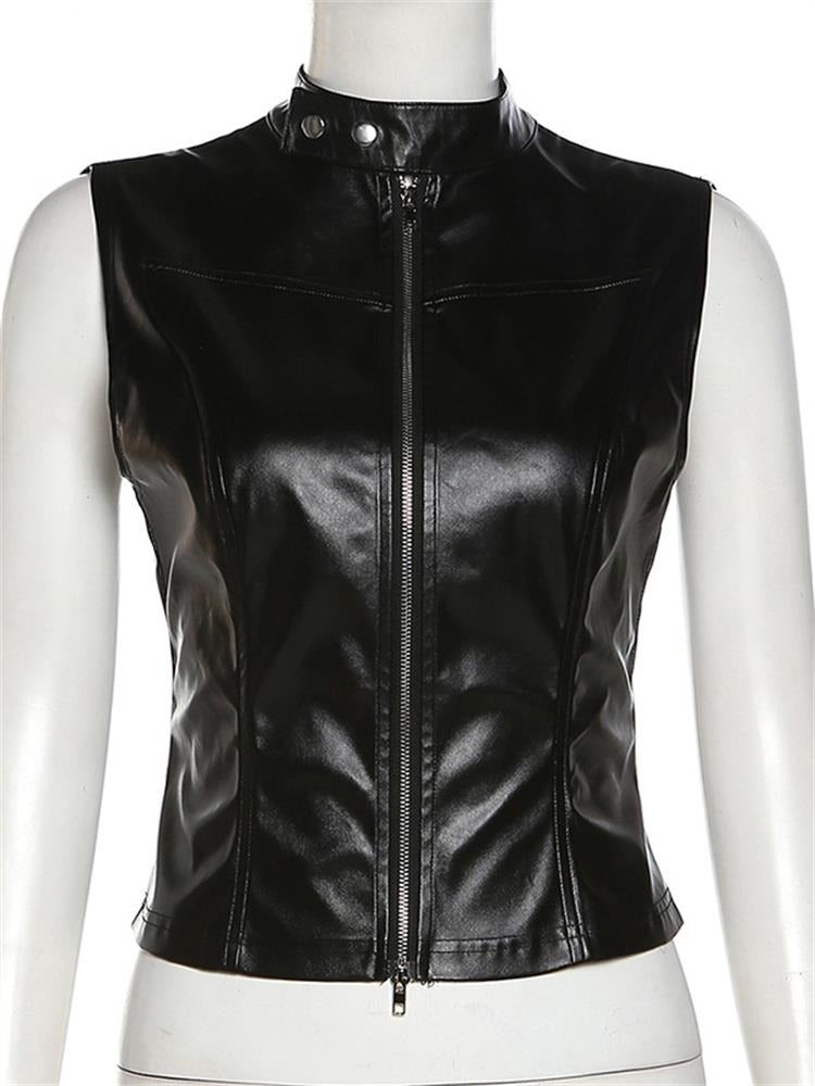 Trendy Y2K Faux Leather Tank Top for Edgy Grunge Aesthetic Outfits and Coquette Style