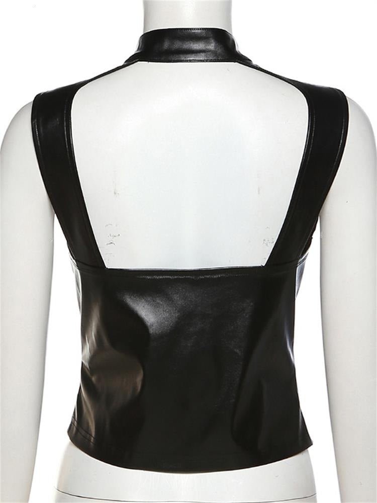 Trendy Y2K Faux Leather Tank Top for Edgy Grunge Aesthetic Outfits and Coquette Style