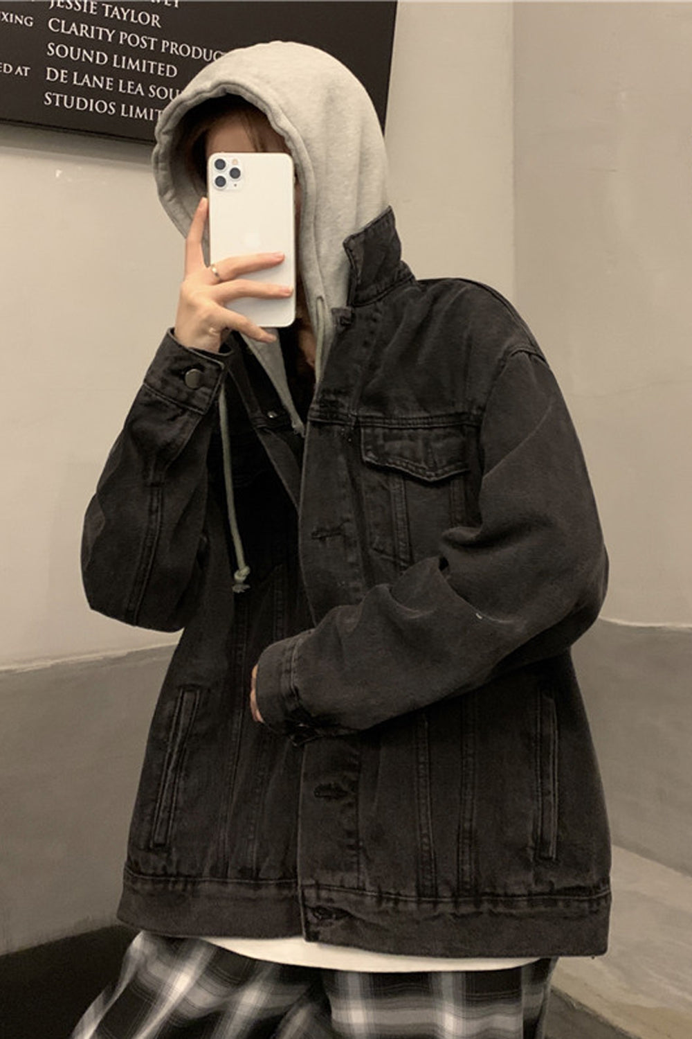 Trendy Y2K Oversized Hooded Denim Jacket for a Chic Grunge Aesthetic Look