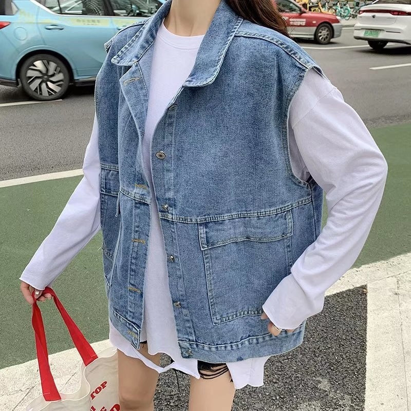 Trendy Y2K Sleeveless Denim Vest Jacket for Aesthetic Outfits and Grunge Style