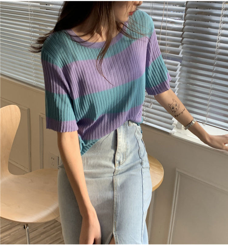 Trendy Y2K Striped Loose Short Sleeve Shirt for Effortless Coquette Aesthetic Style