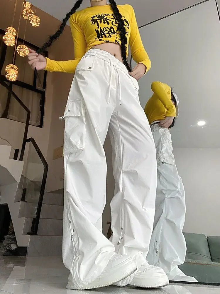 Trendy Y2K White Cargo Parachute Pants for a Chic Grunge Aesthetic Look