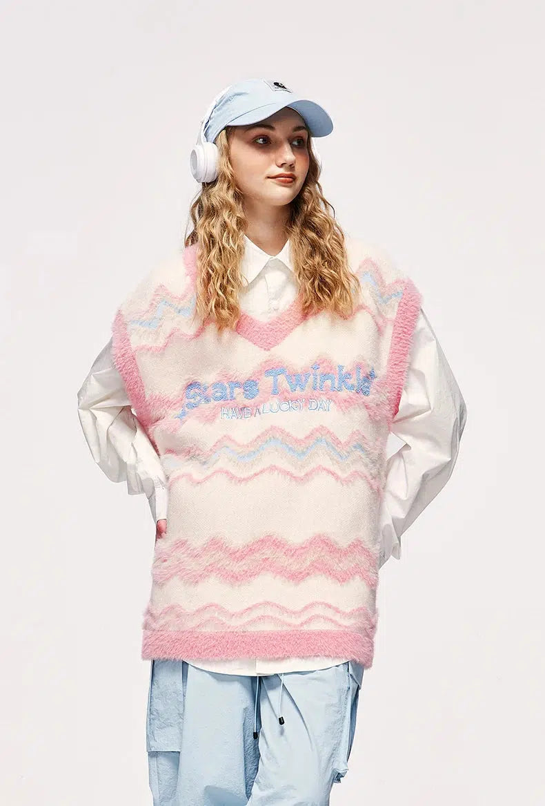 Twinkling Stars Fluffy Sweater Vest - Cozy Y2K Aesthetic Layering Essential