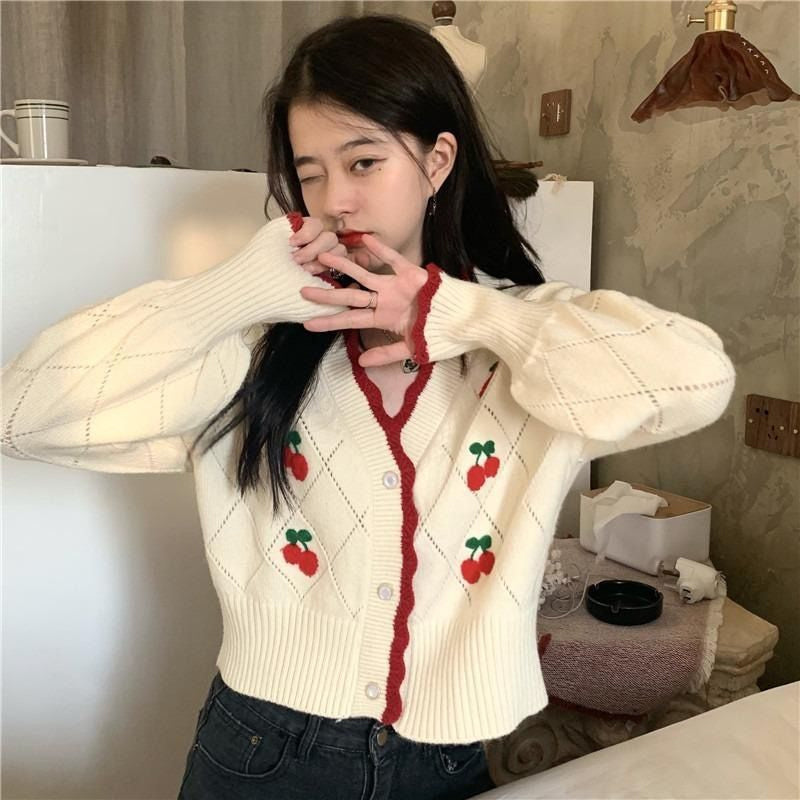 V-Neck Cherry Printed Y2K Aesthetic Cardigan Sweater for Cute and Cozy Outfits