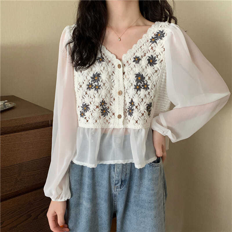 V-Neck Floral Chiffon Blouse with Knitted Stitching for Y2K Aesthetic Outfits