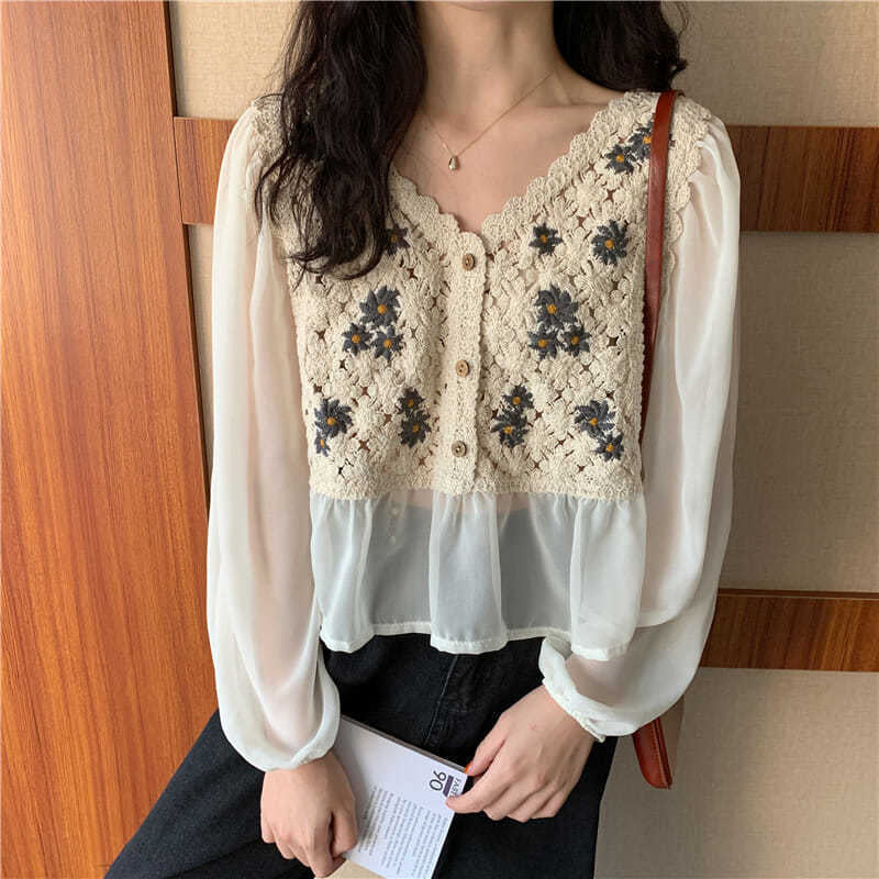 V-Neck Floral Chiffon Blouse with Knitted Stitching for Y2K Aesthetic Outfits