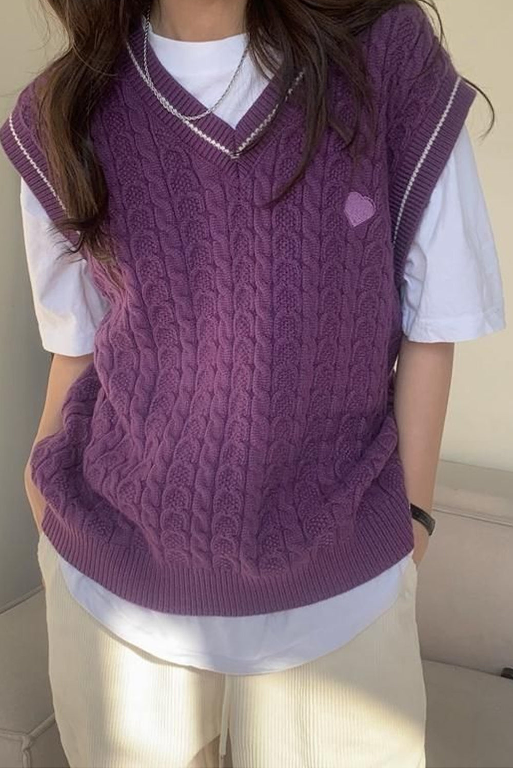 V-Neck Heart Embroidered Knitted Vest Sweater in Y2K Aesthetic Style for Cute Outfits