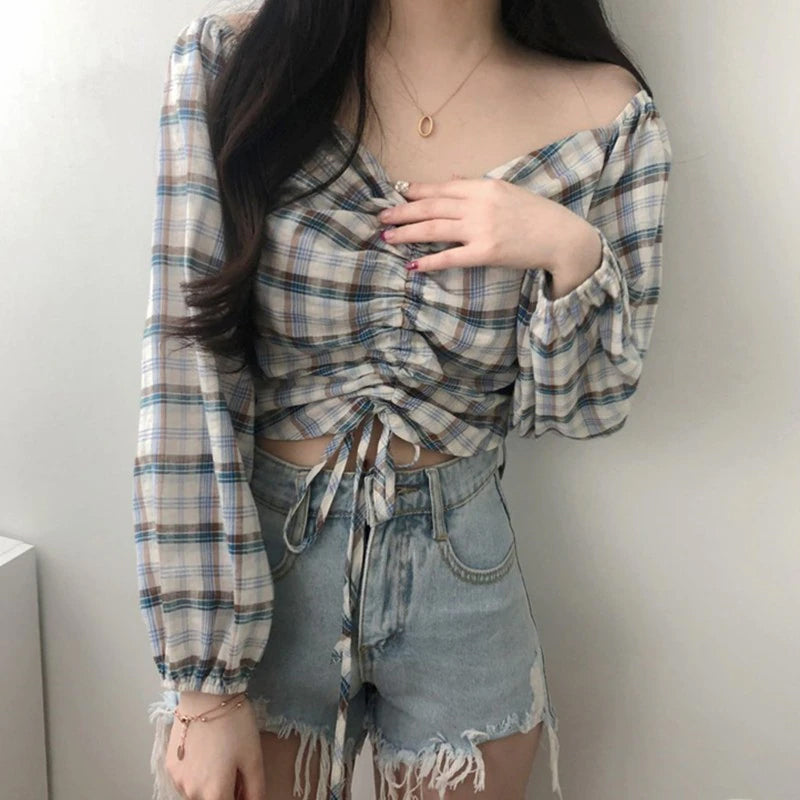 V-Neck Strapless Square Collar Plaid Cropped Top - Y2K Aesthetic Cute Fashion Blouse