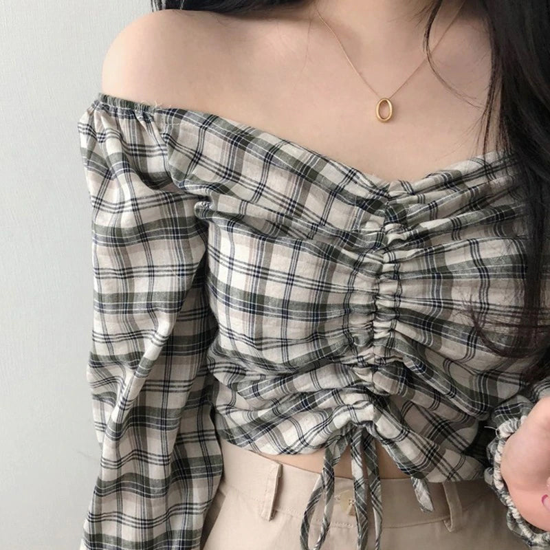 V-Neck Strapless Square Collar Plaid Cropped Top - Y2K Aesthetic Cute Fashion Blouse