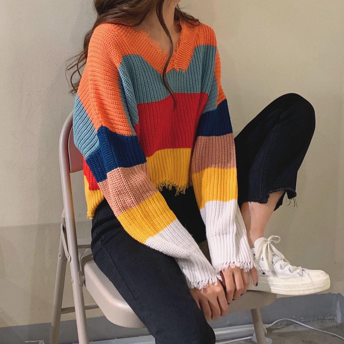 V-Neck Striped Tassel Sweater - Cozy Y2K Fashion Essential for Aesthetic Outfits