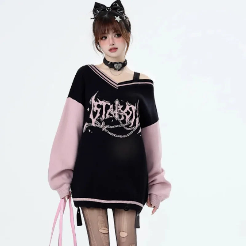 V-Neck Y2K Harajuku Gothic Sweater - Trendy Grunge Aesthetic Knitwear for Unique Style