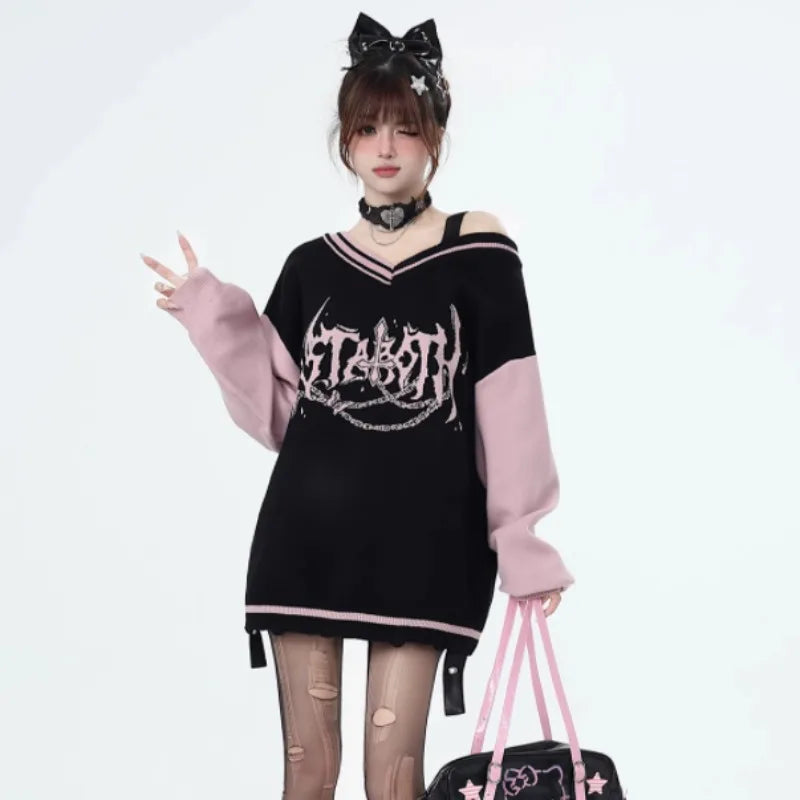 V-Neck Y2K Harajuku Gothic Sweater - Trendy Grunge Aesthetic Knitwear for Unique Style