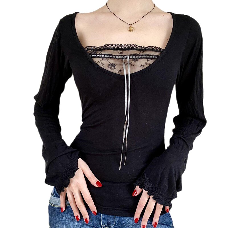 Vintage Black Y2K Long Sleeve Crop Top - Aesthetic Grunge Style Essential